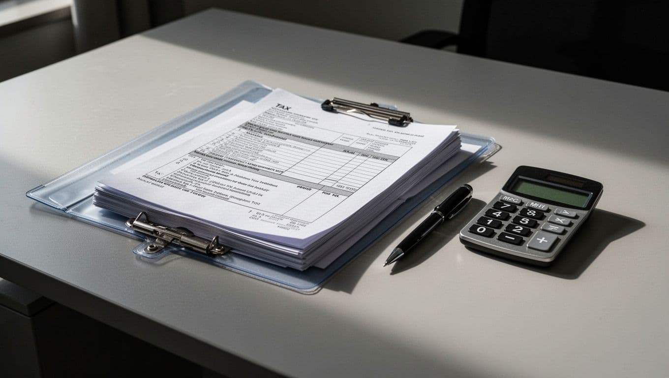 A clear folder filled with tax documents rests beside a silver calculator and a pen on a clean desk surface. Dramatic side lighting highlights the neat arrangement and professional atmosphere.