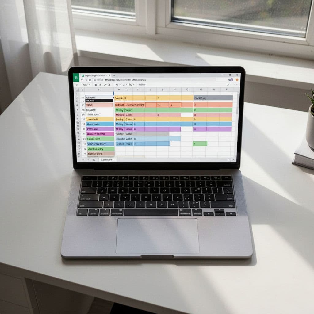A top-down view of a laptop screen displaying a color-coded spreadsheet for content management.
