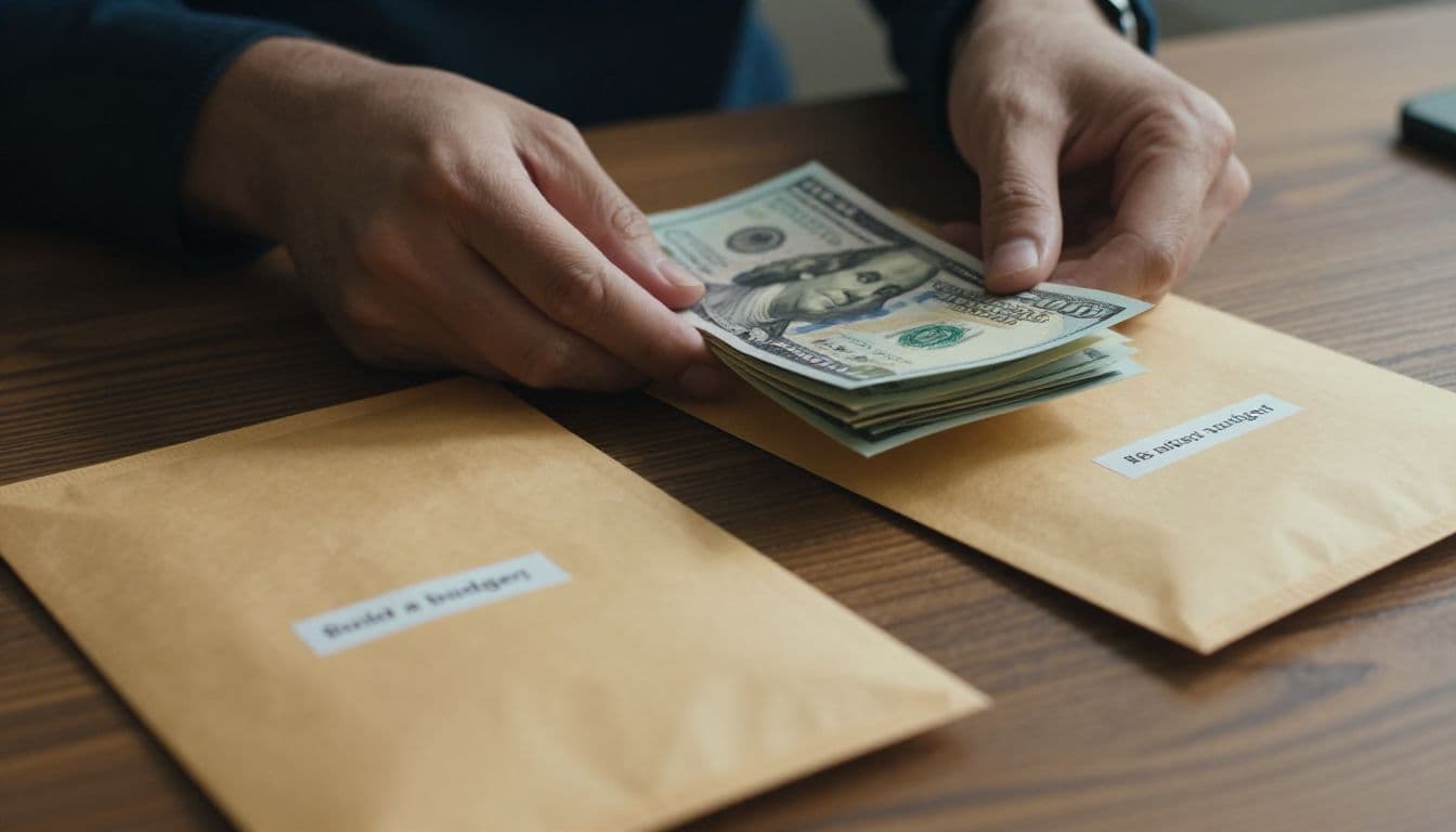 A person uses both hands to neatly stack paper currency into several paper envelopes resting on a dark wood desk. The dramatic lighting creates high contrast between the bills and shadows.