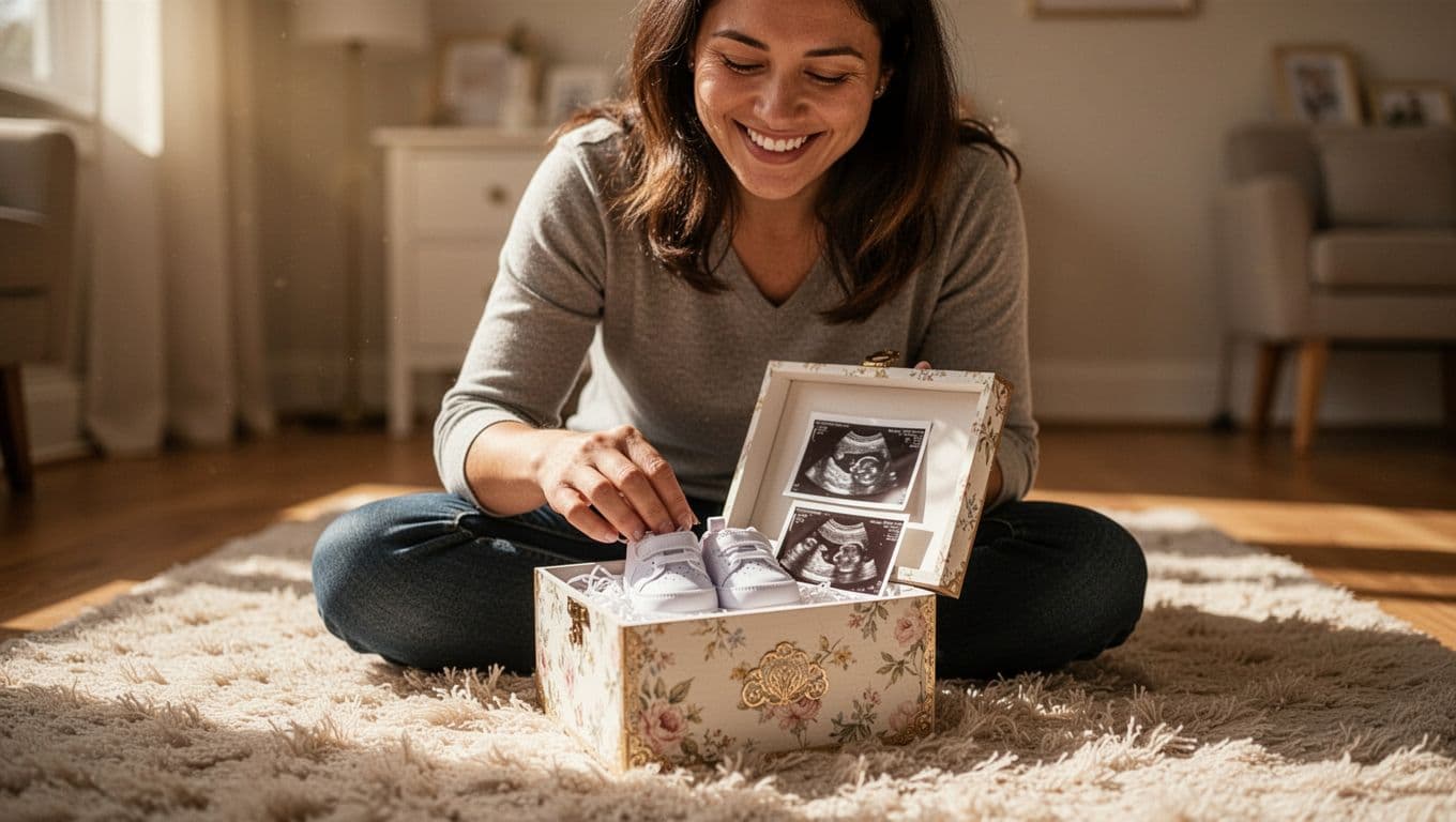 A smiling parent sits on a plush rug, carefully placing ultrasound photos and tiny knitted baby shoes into a decorative memory box. Warm sunlight illuminates the gentle, joyful scene indoors.