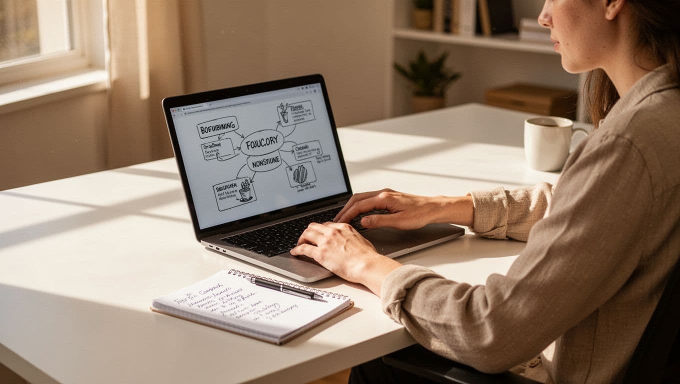 Person sits at sunlit desk viewing content ideas on laptop beside handwritten notepad.