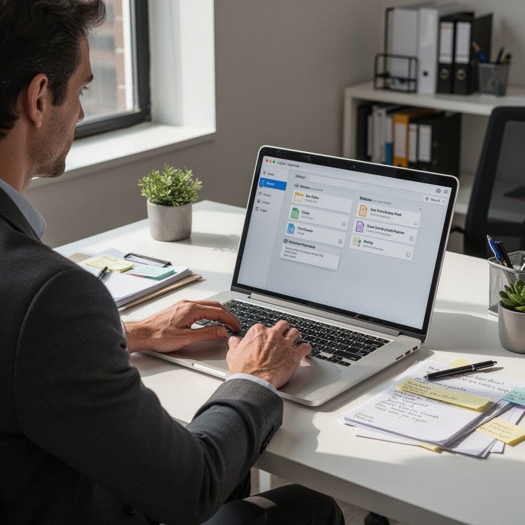 A person sits at a clean desk using a laptop to organize digital files and notes.