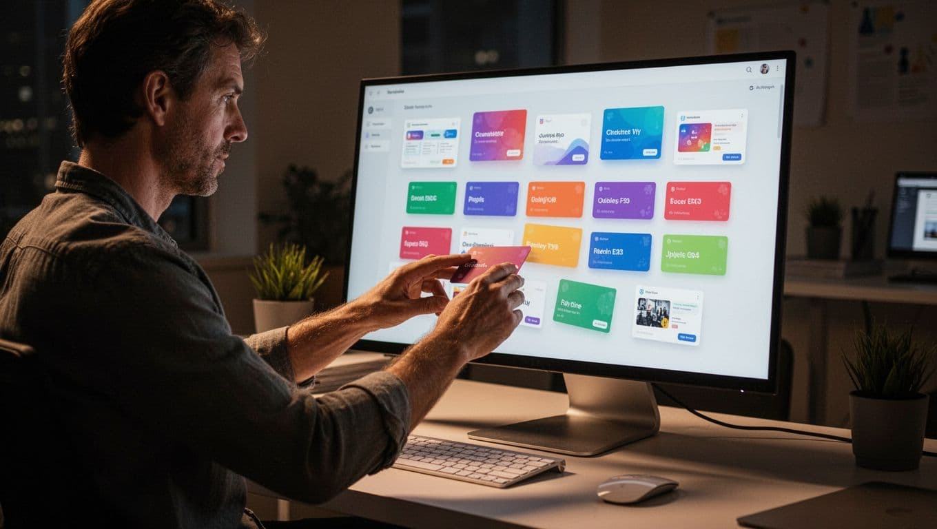 A person carefully arranges a collection of vibrant, colorful cards on a vast digital workspace display. Soft warm cinematic lighting casts deep, dramatic shadows across the focused, professional creative environment.