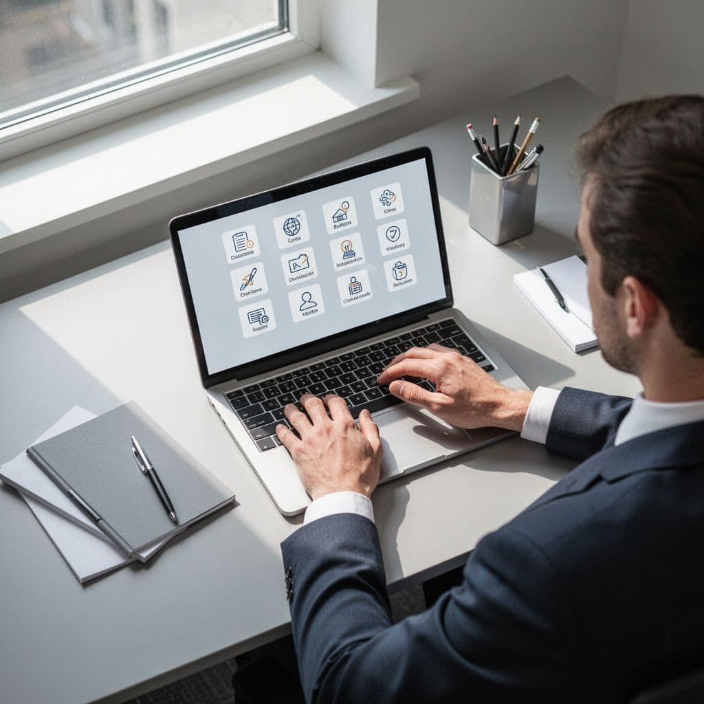 Top-down view of a person arranging digital files on a laptop screen in a clean workspace with natural light.