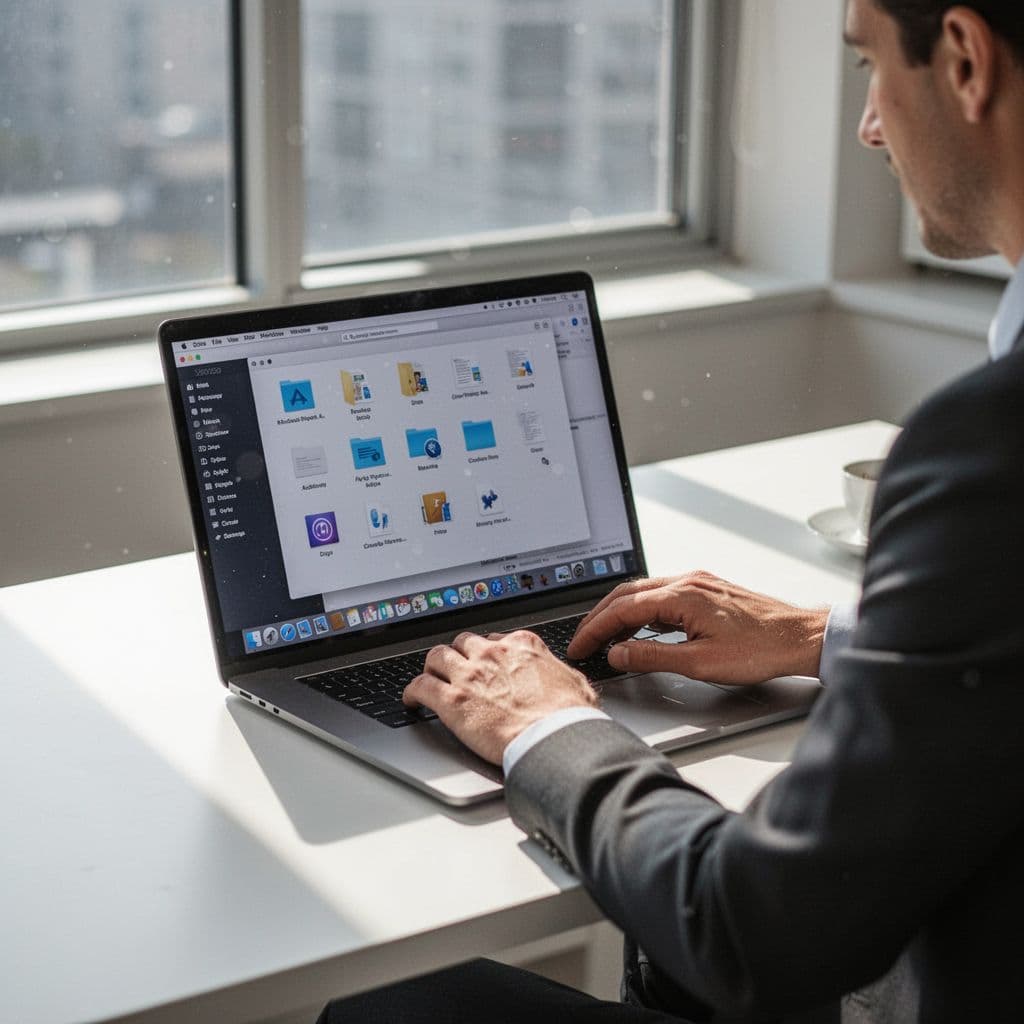 A person works at a clean, modern desk in a sunlit room, focusing on organized digital content.