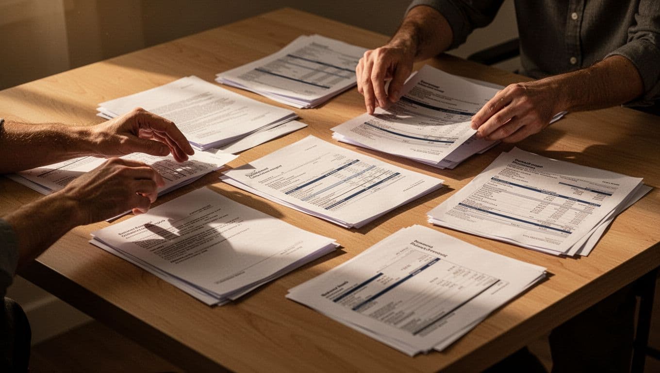 Hands carefully arrange various documents and spreadsheets on a polished wooden desktop. The warm ambient glow highlights stacks of organized paperwork and detailed financial records spread across the work surface.