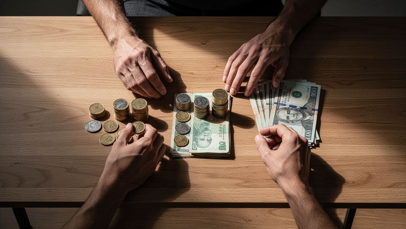 A pair of hands carefully sorts small stacks of metal coins and paper notes into three distinct piles on a minimalist wooden desk. Sharp side lighting accentuates the textured wood grain.