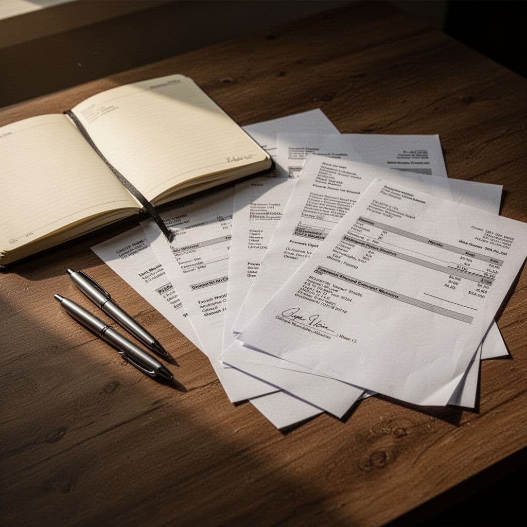 A dark wooden desktop features an open notebook and a silver pen alongside scattered credit card statements. Soft amber light highlights the paper textures while creating deep shadows across the surface.
