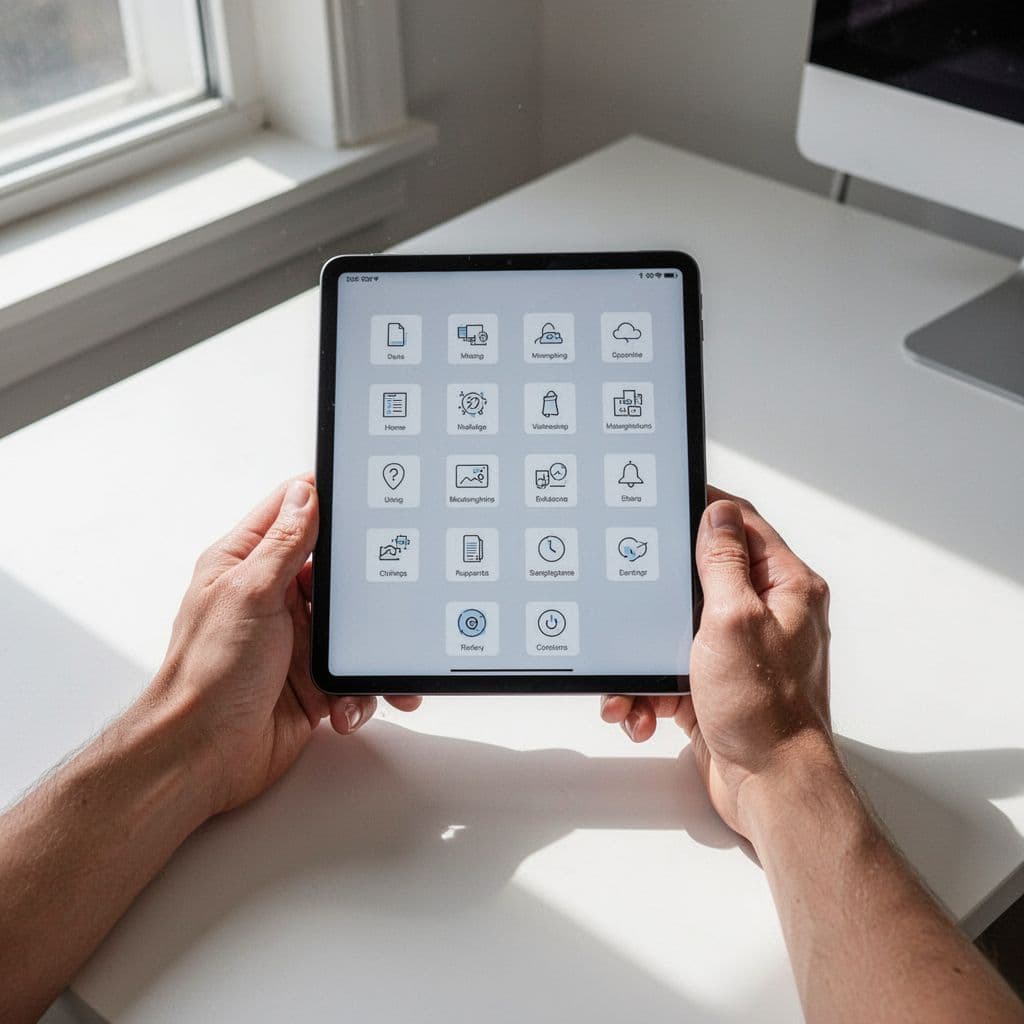 Hands hold a tablet displaying a grid of organized digital folders for a Pinterest strategy.
