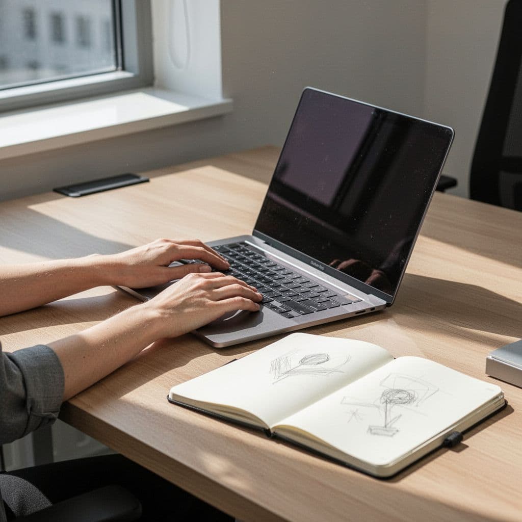 A person organizes website audit data on a laptop and checklist in a minimalist workspace.