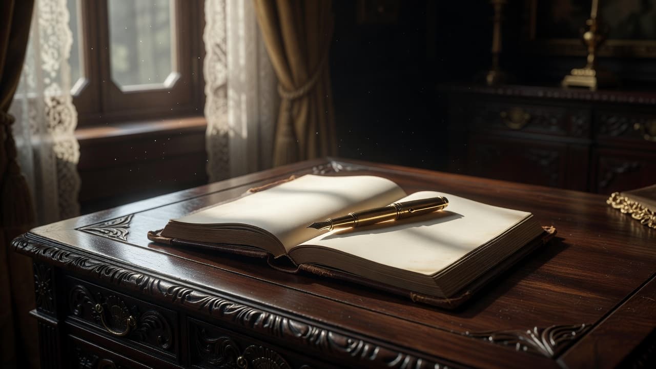 An open leather-bound journal lies on a dark, intricately carved wooden desk. A polished gold fountain pen rests beside the pages as warm sunlight filters through a nearby window creating shadows.