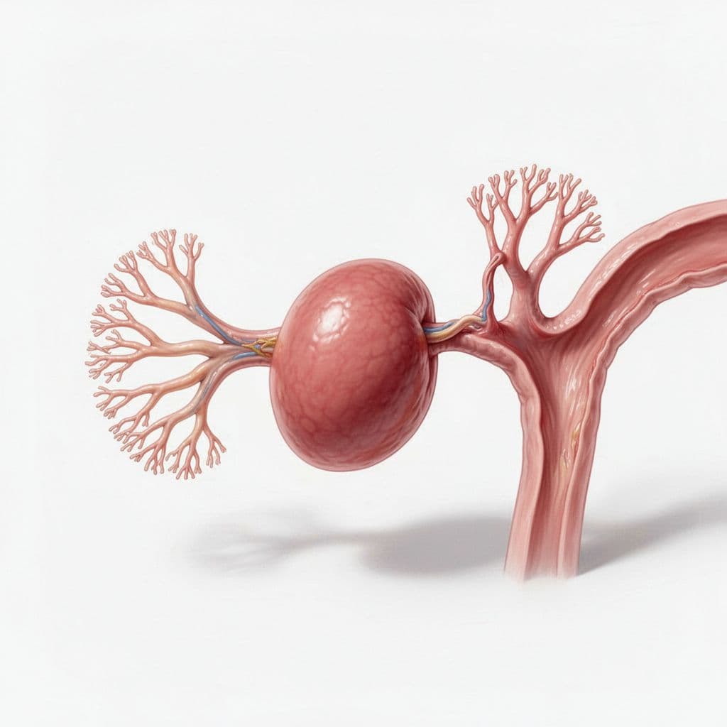 Human ovary with finger-like fimbriae from fallopian tube reaching toward it.