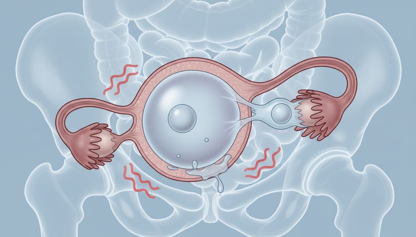 Close-up cross-section anatomical illustration of a human ovary during ovulation, depicting the mature follicle swelling on the surface, rupturing to release the egg into the fallopian tube, with fluid leakage causing pelvic irritation shown as subtle red waves.