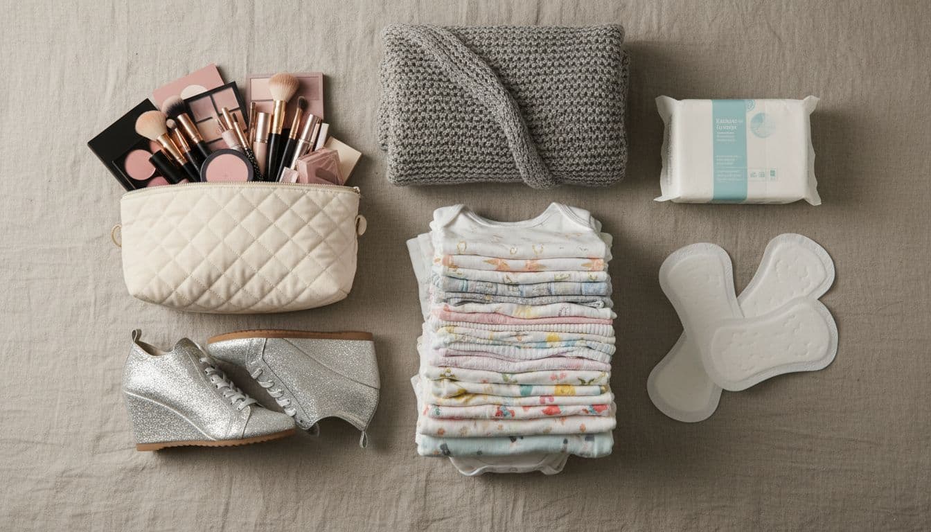 Flat lay realistic photo of common overpacked hospital bag items rarely used, including stack of too many baby outfits, full makeup bag, extra pair of shoes, large blanket, and excess postpartum pads, arranged neatly on neutral background with soft lighting.