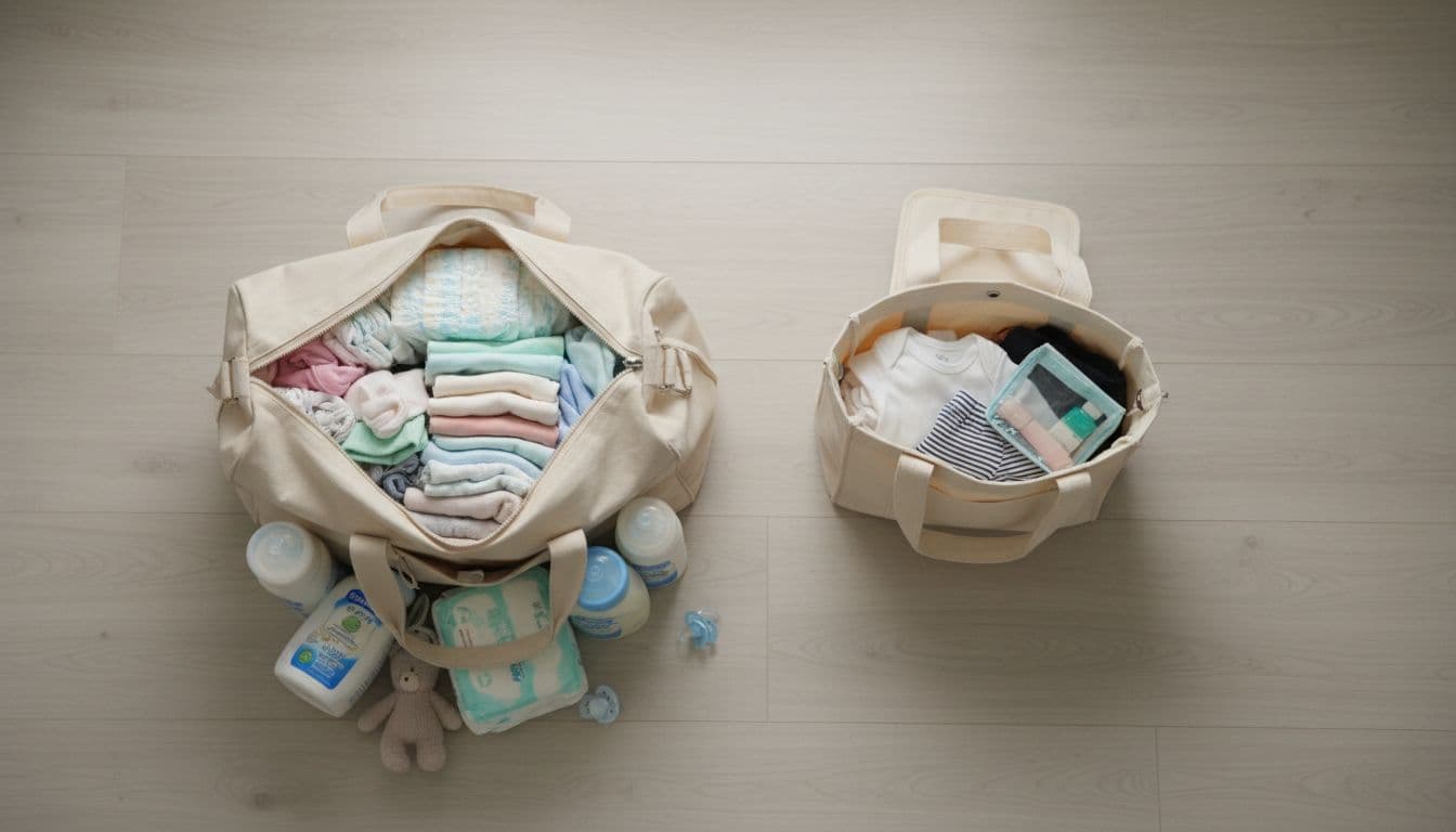 An overpacked hospital bag overflows with stacks of baby clothes, diapers, and full-size bottles on a nursery floor, contrasted with a minimal bag containing only essentials like one outfit and car seat insert, top view realistic photo.