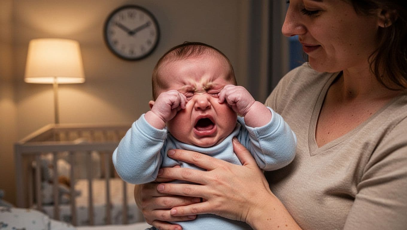 Overtired baby rubs eyes and yawns with fussy expression, held gently by parent in nursery with late evening clock.