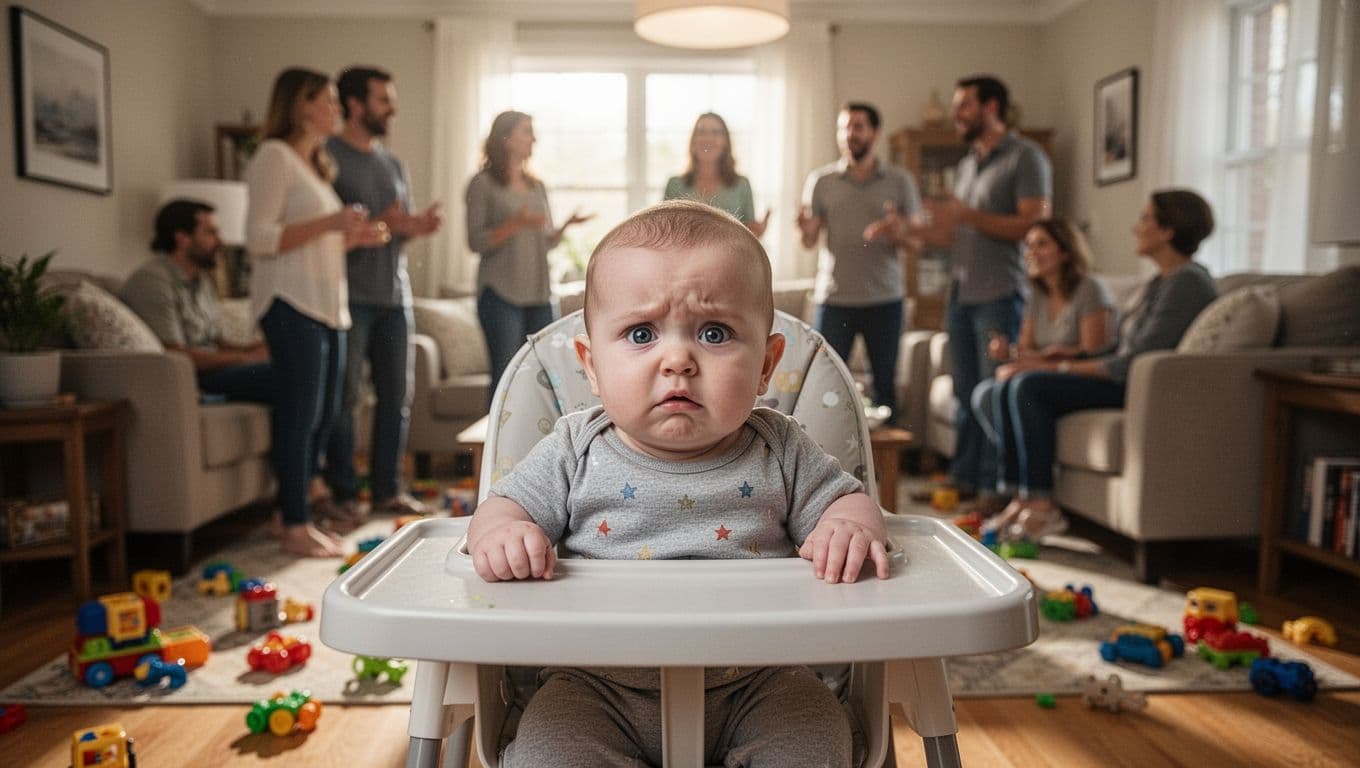 Baby with wide eyes and frown sits in high chair in living room with scattered toys and chatting adults.