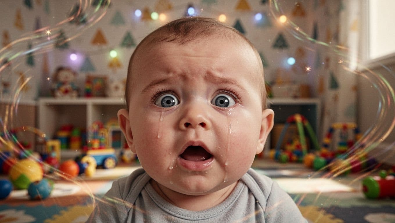 Close-up of 6-month-old baby's wide-eyed face with tear tracks amid colorful toys, flashing lights, and swirling patterns.
