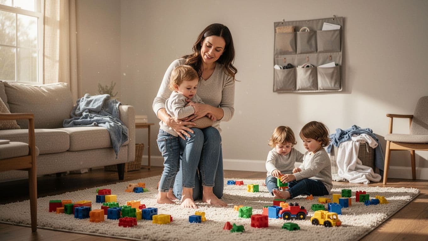 Tired mom looks overwhelmed amid scattered toys, laundry pile, wall calendar, toddler on leg, child playing.
