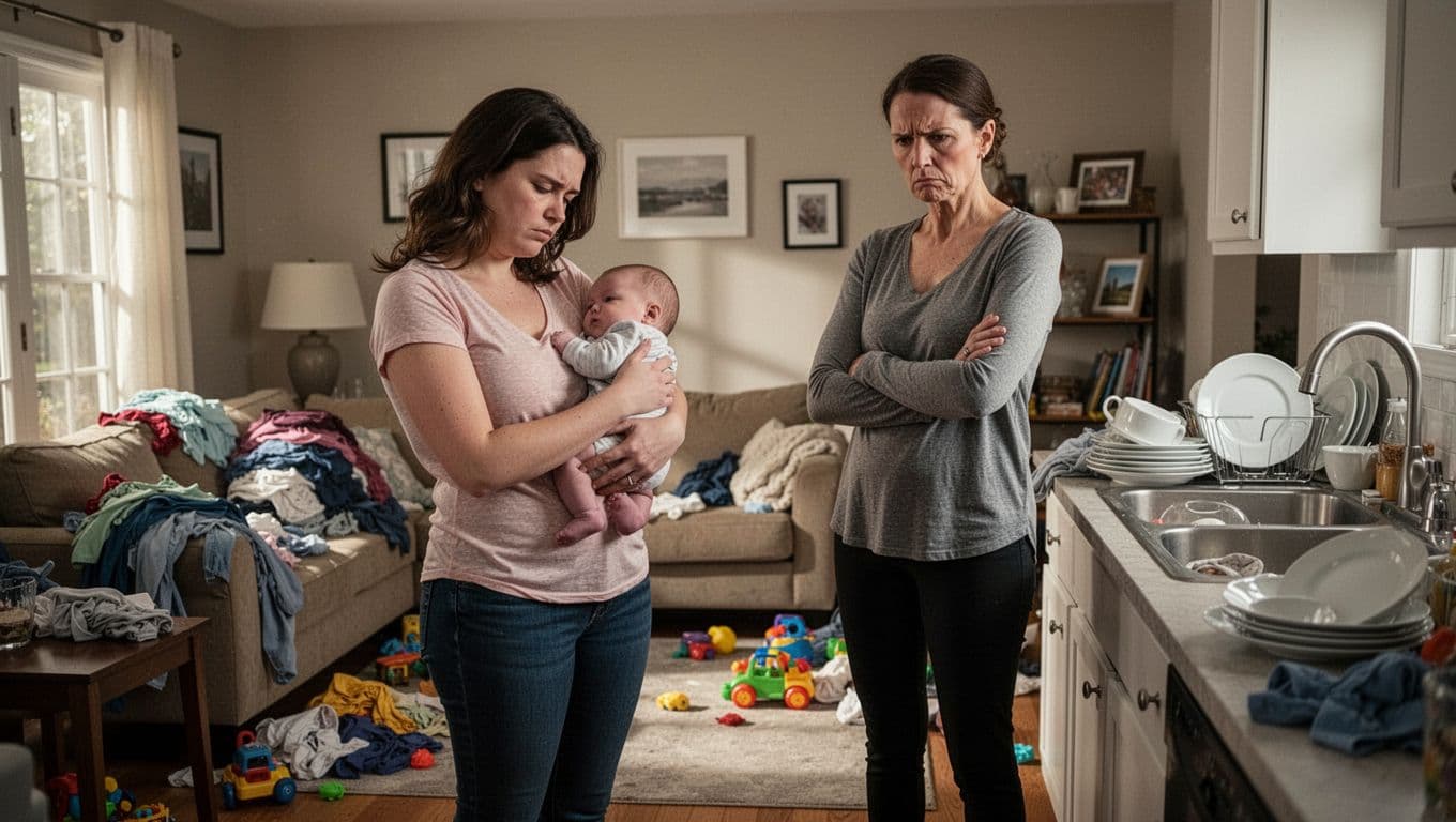 New mom holds baby on hip in messy living room with laundry piles, scattered toys, and sink dishes, as frowning family member crosses arms judgmentally.
