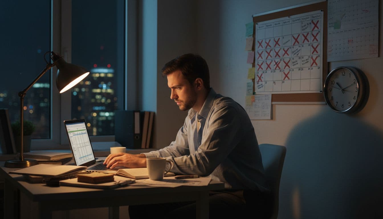 A young professional man in his late 20s works intently at a cluttered home office desk late at night, with a laptop open to work files, a wall calendar marked with crossed-out weekends, a clock showing 11 PM, and a city skyline visible through the window, conveying a tired but determined expression.