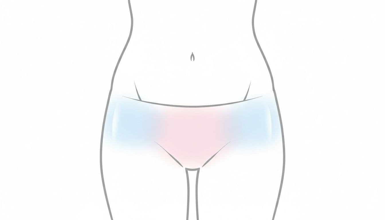 Illustration of a woman's lower abdomen with light blue shading on ovaries for ovulation pain and pink shading in the center pelvis for implantation pain. Clean line art anatomical diagram in soft pastel colors for visual comparison.