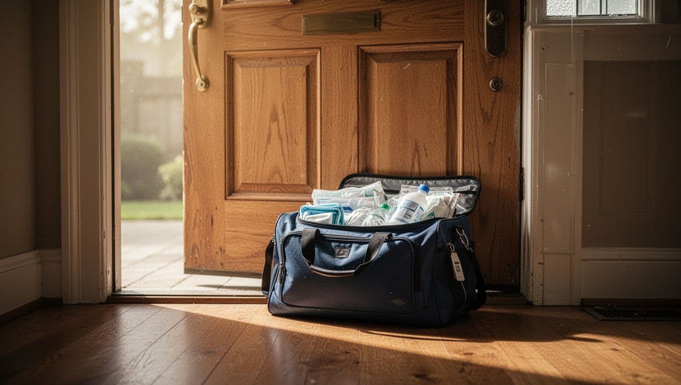 A single canvas hospital bag rests on the floor by a wooden front door. Gentle morning sunlight illuminates the entryway, creating a serene and prepared atmosphere for an upcoming arrival.
