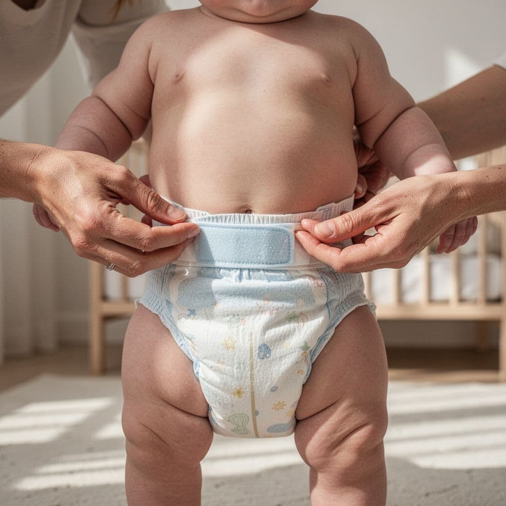 A parent's hands gently check the fit of a clean cloth diaper on a baby's waist.