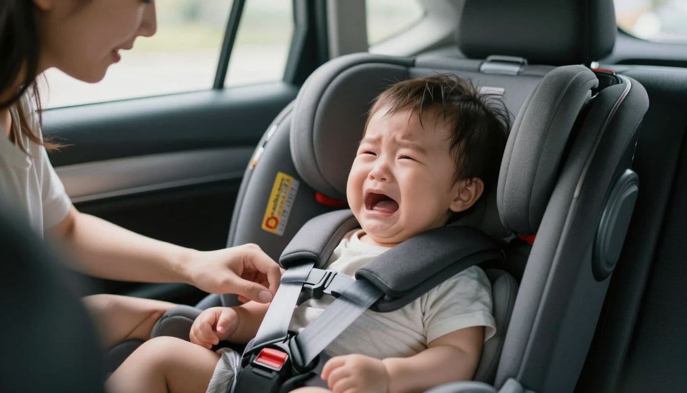 A close-up view captures a parent carefully tightening safety straps around an infant seated in a rear-facing car seat. Soft sunlight illuminates the peaceful moment inside the vehicle's interior cabin.