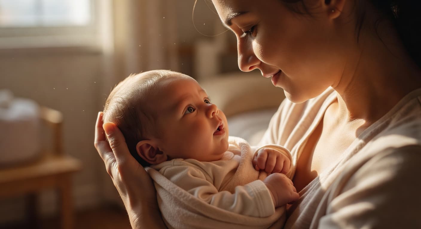 A parent cradles their baby closely while sharing a tender gaze, highlighted by warm indoor light. The soft-focus background emphasizes the deep emotional connection and intimacy between the caregiver and child.