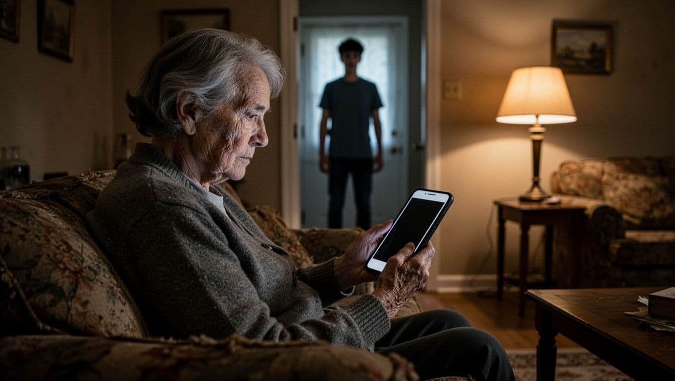 An elderly person sits hunched on a sofa staring at a dark phone screen in a dim room. A young adult stands blurred in the doorway behind them, creating a tense atmosphere.