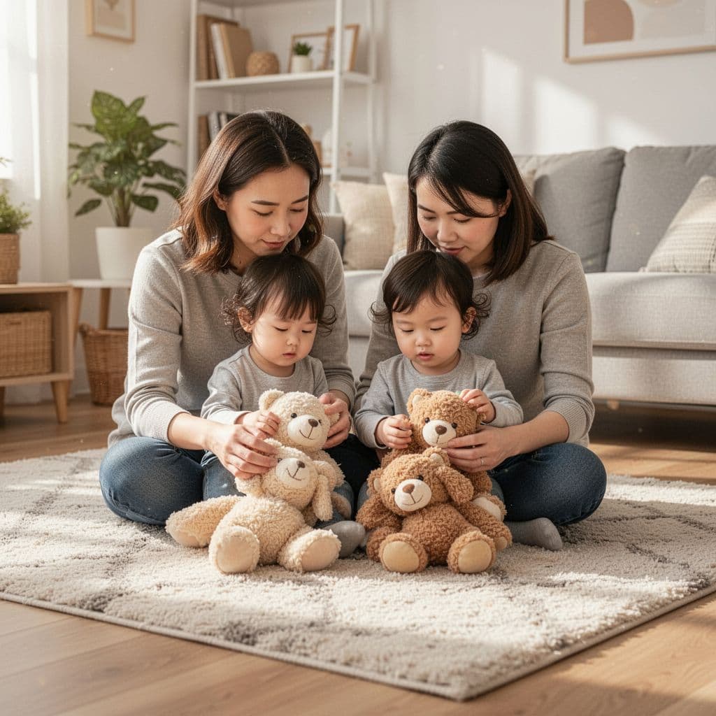 A parent and a toddler sit on a rug in a sunlit living room playing with soft toys.