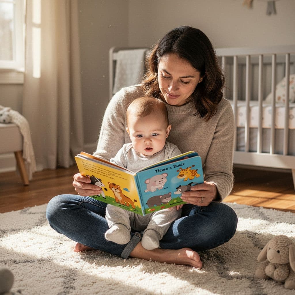 Parent holds baby on lap on nursery rug as baby gazes at open colorful animal board book.