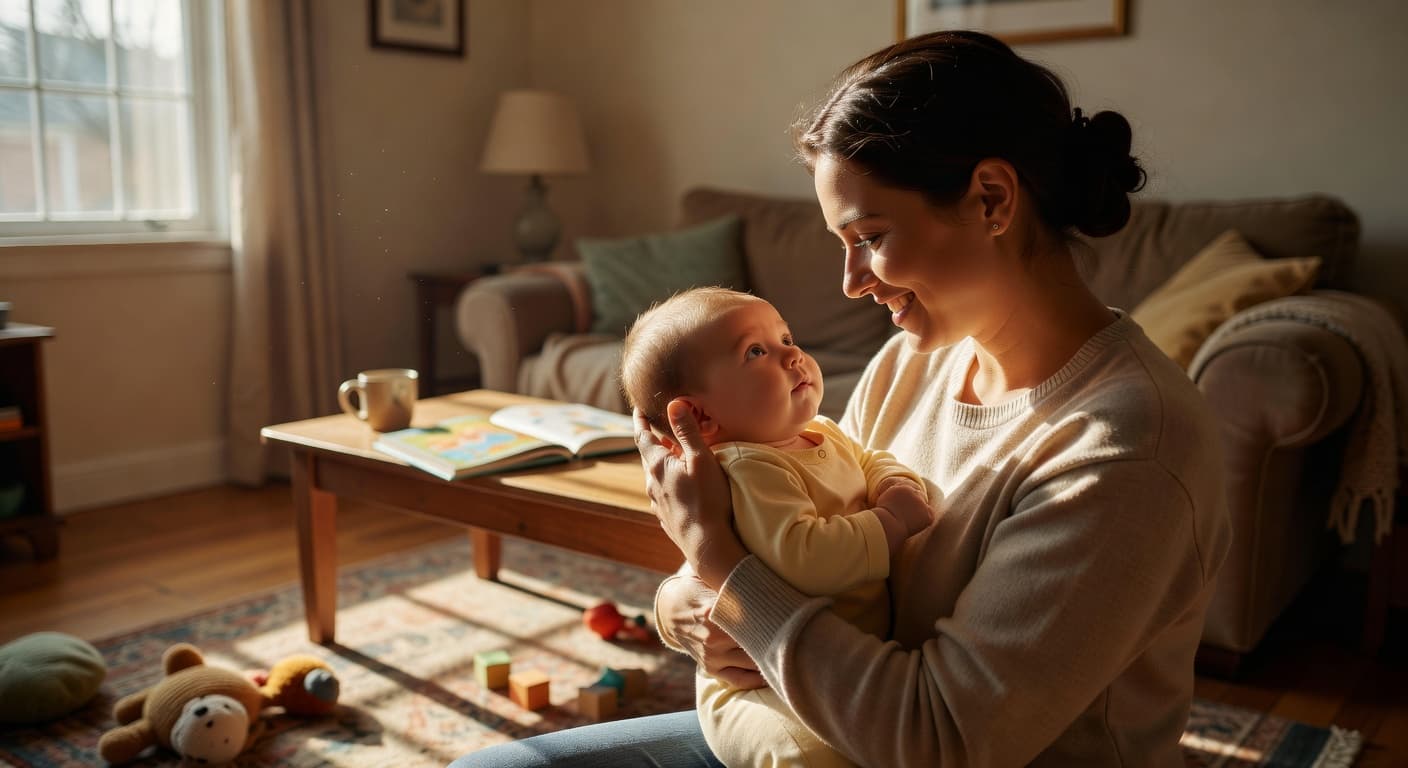A loving parent holds their baby in a sun-drenched living room with warm light illuminating their faces. They maintain soft eye contact while sharing a gentle smile during a quiet moment.