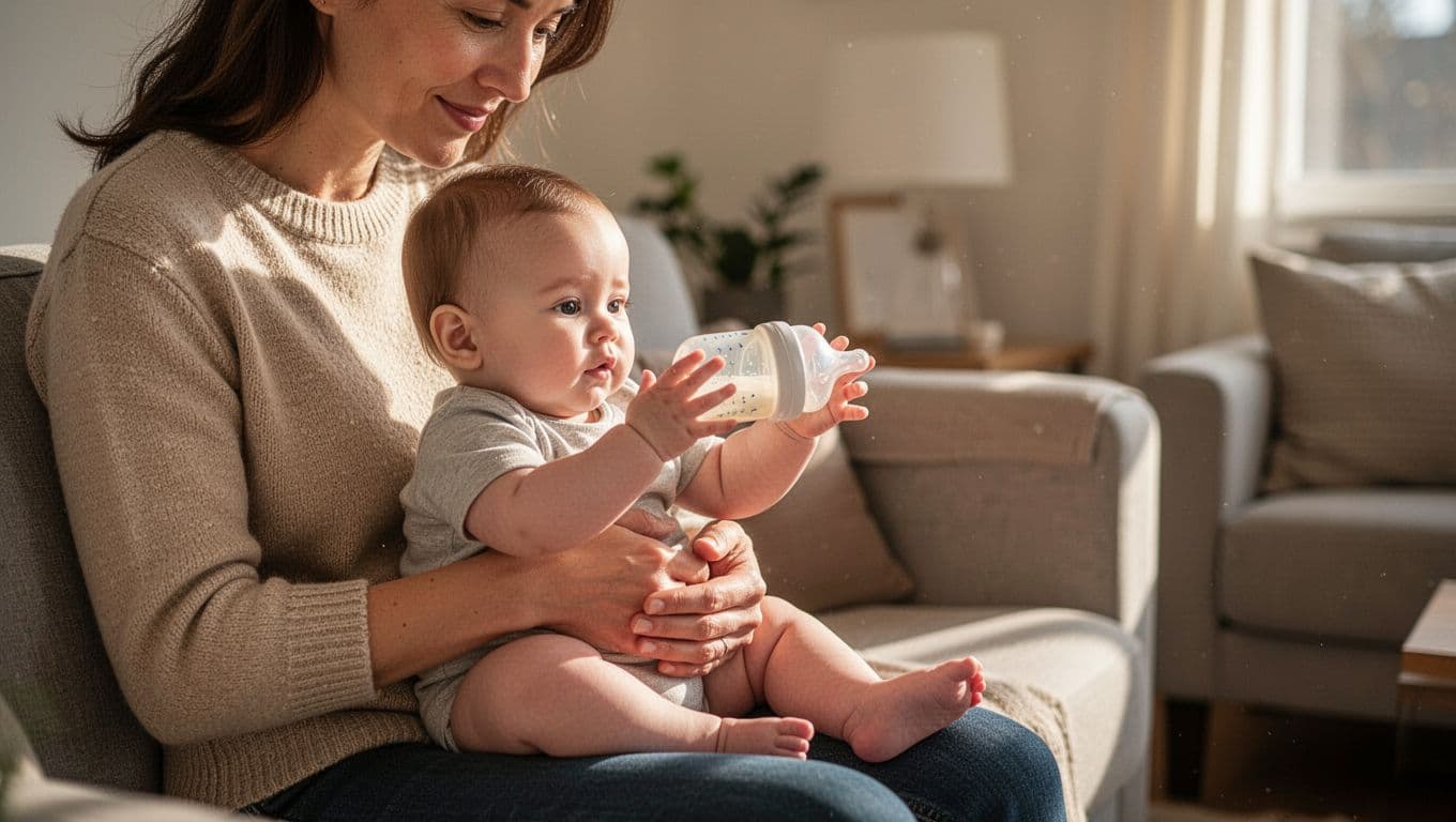 Parent offers bottle to baby on lap in cozy living room, baby's hands reaching to grasp with light support.