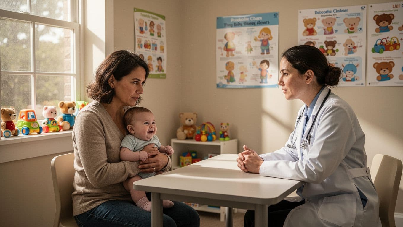 Concerned parent holds smiling baby across desk from attentive doctor in bright office.