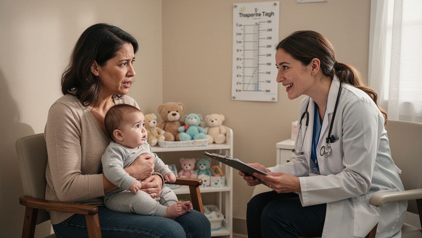Concerned parent holds 6-month-old baby on lap while talking to smiling female doctor reviewing chart in cozy exam room.
