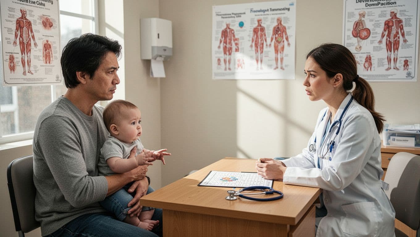 Parent holds 6-month-old baby across from female pediatrician in bright office, both concerned but calm.