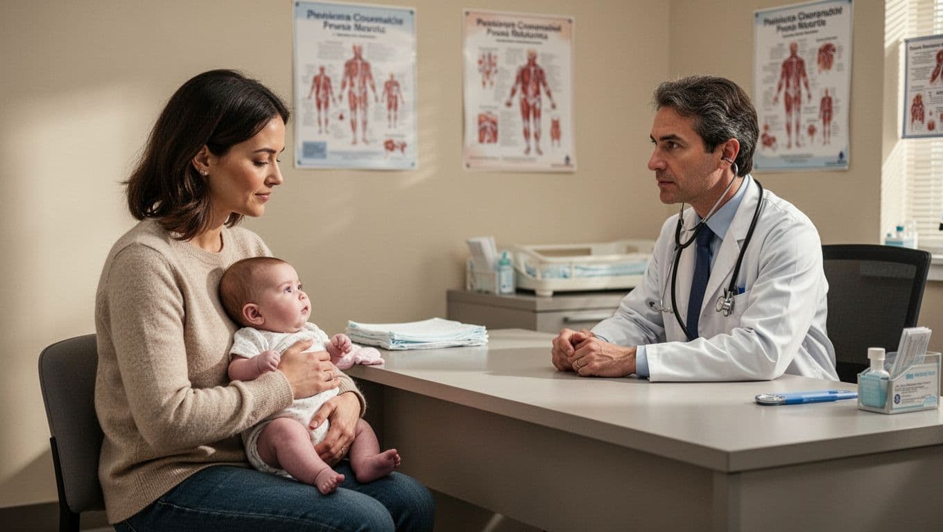 Parent holds 4-month-old baby on lap across desk from attentive pediatrician with stethoscope.