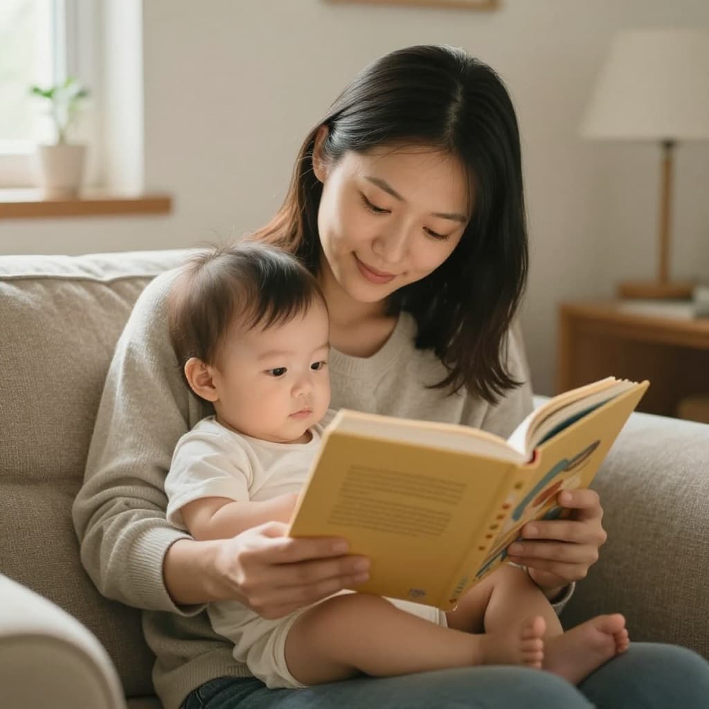 Parent holds baby closely on sofa, reading open book in warm living room.