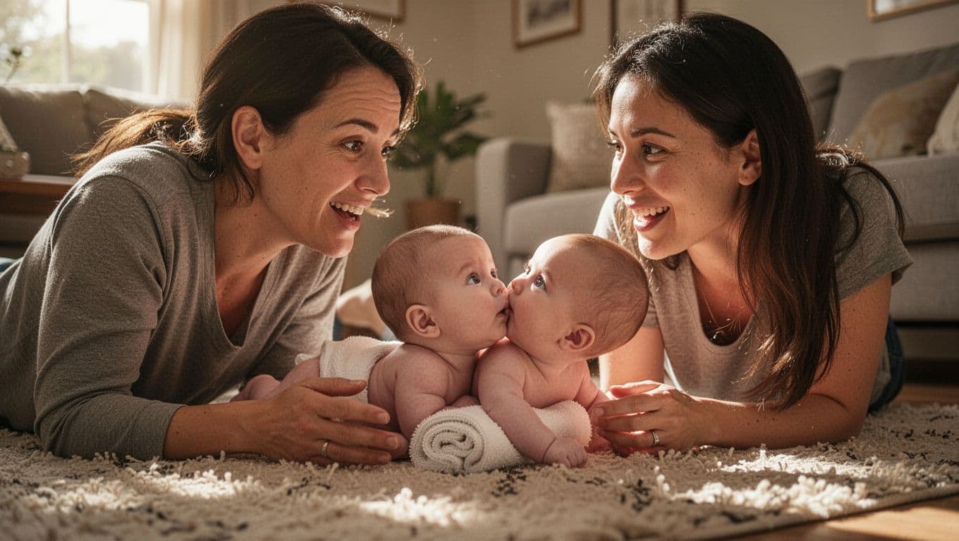 Cozy living room with parent lying on floor at eye level, smiling and talking to 2-month-old baby on tummy propped on rolled towel, baby lifting head calmly in soft natural light.