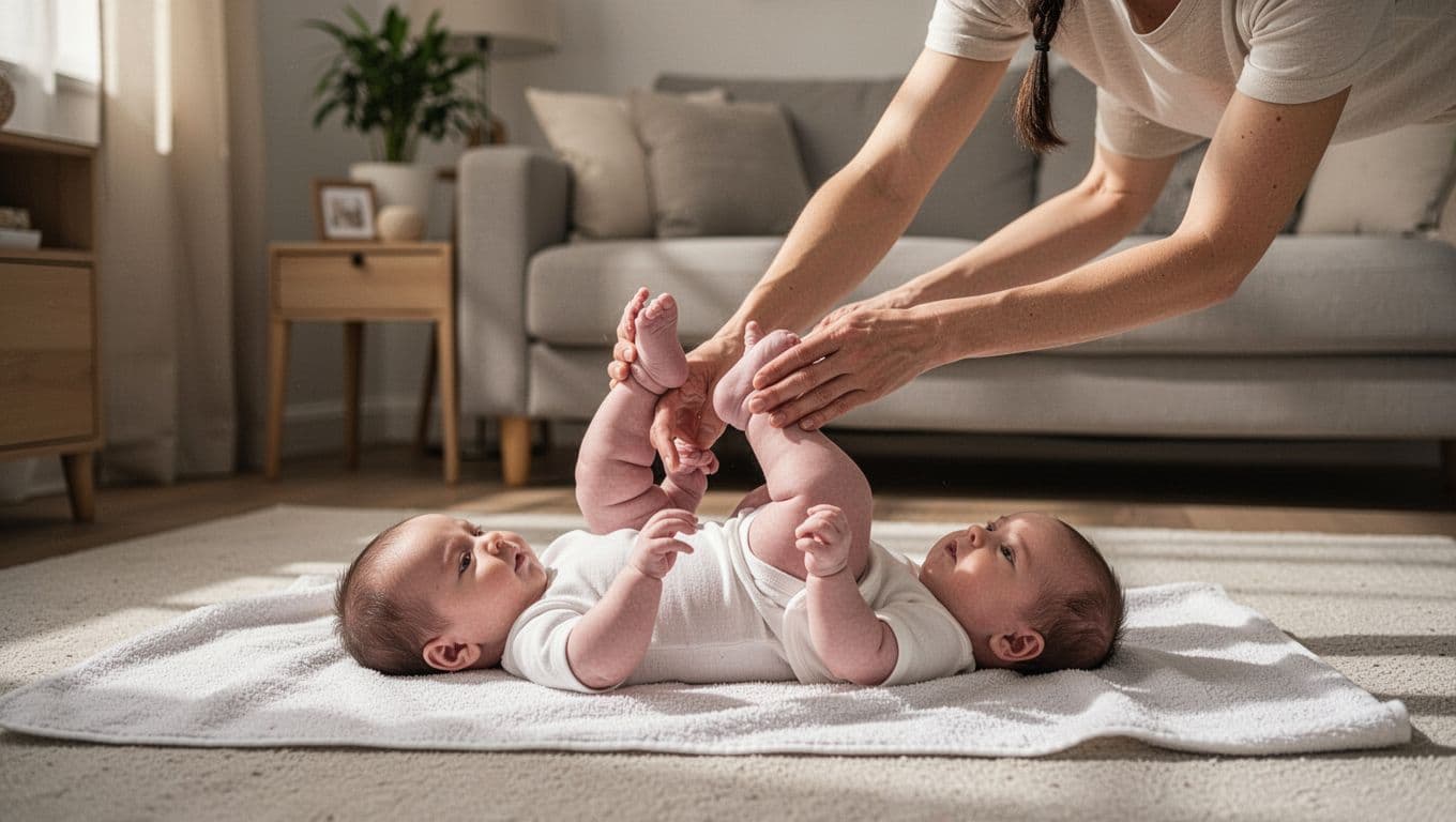 Parent gently bends newborn baby's knees to chest alternately while holding ankles on a towel.