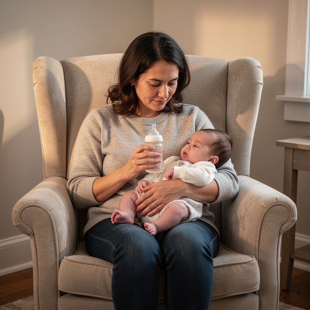 A parent sits in a chair cradling a young baby while holding a bottle.