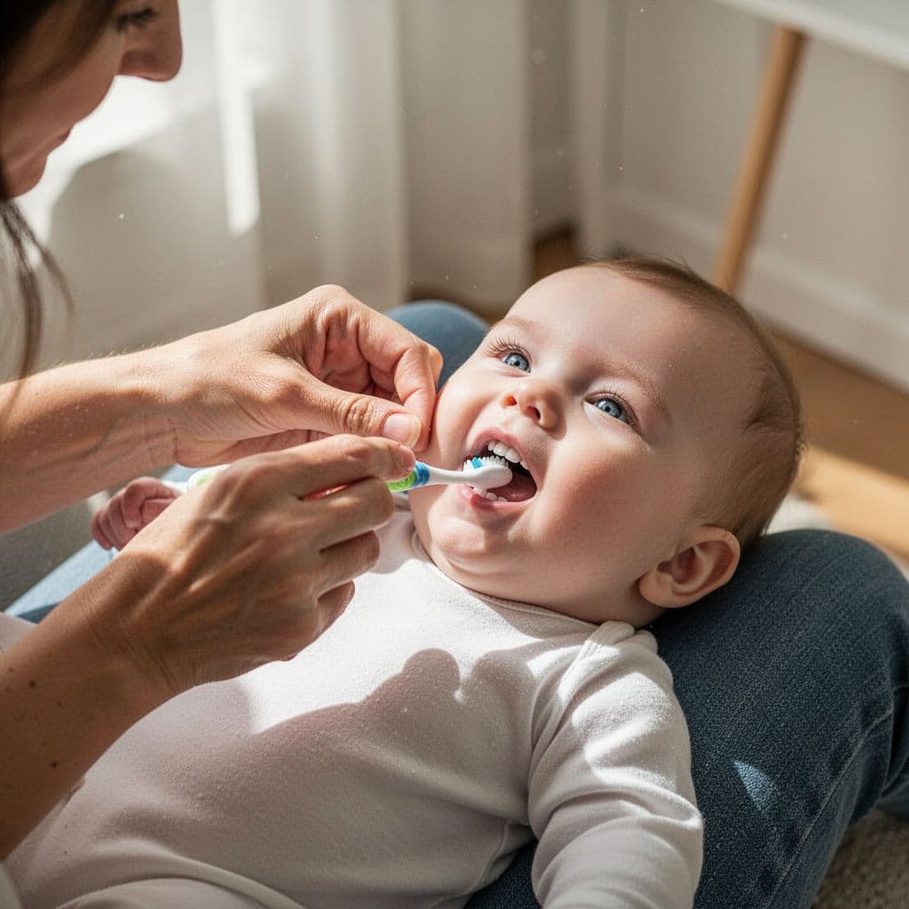A parent gently brushes a baby's first teeth while the infant rests comfortably on their lap.