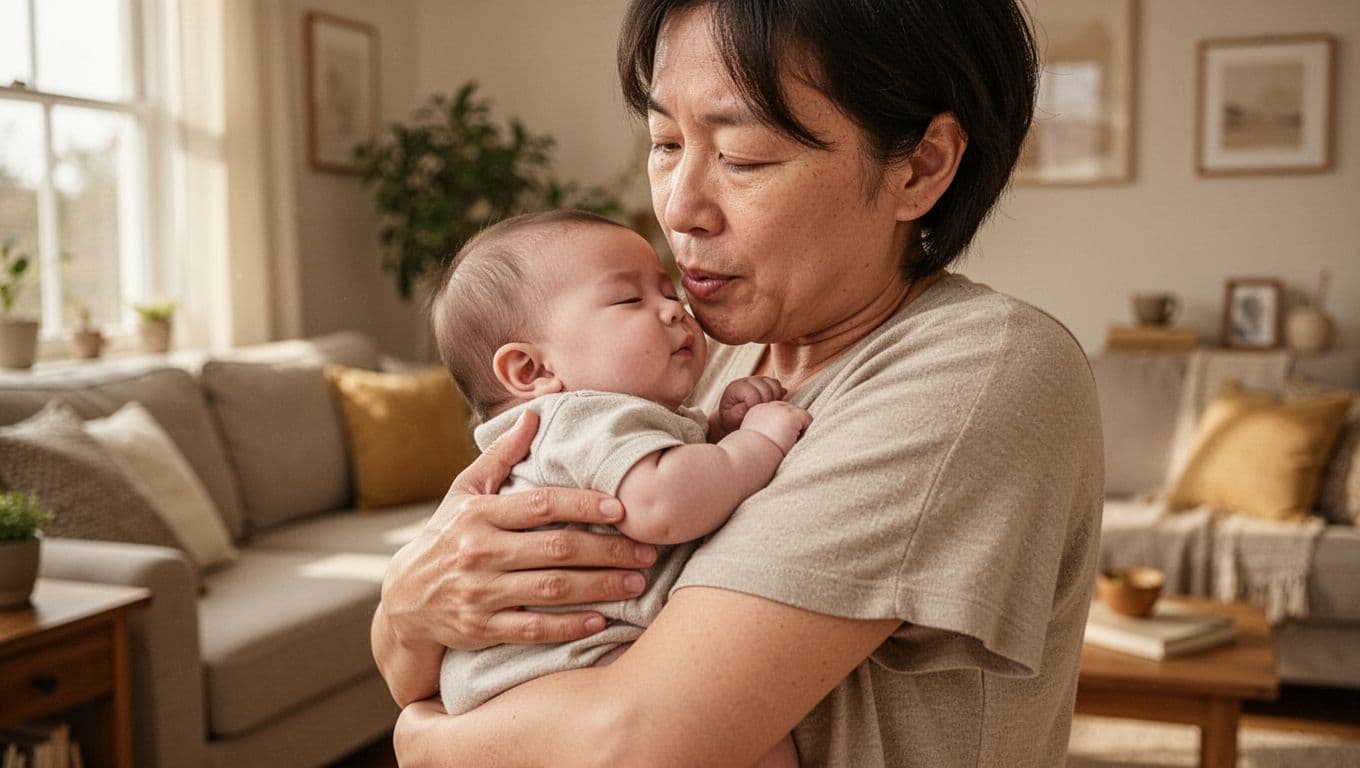 Parent holds content 2-month-old baby upright over shoulder to burp in cozy living room with soft light.