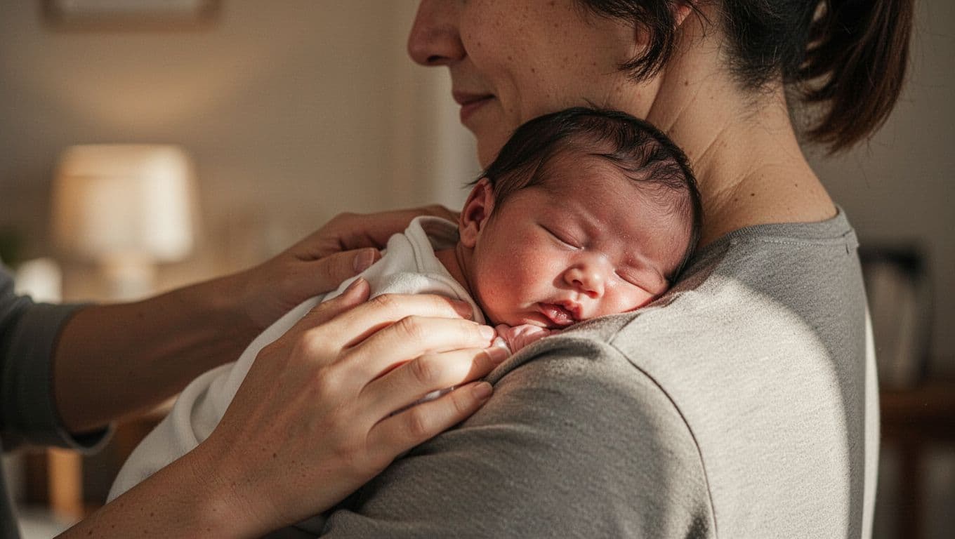 A parent holds a tiny infant upright against their shoulder, gently patting the baby's back to soothe them. Warm indoor lighting highlights their caring bond within a soft-focused living room.