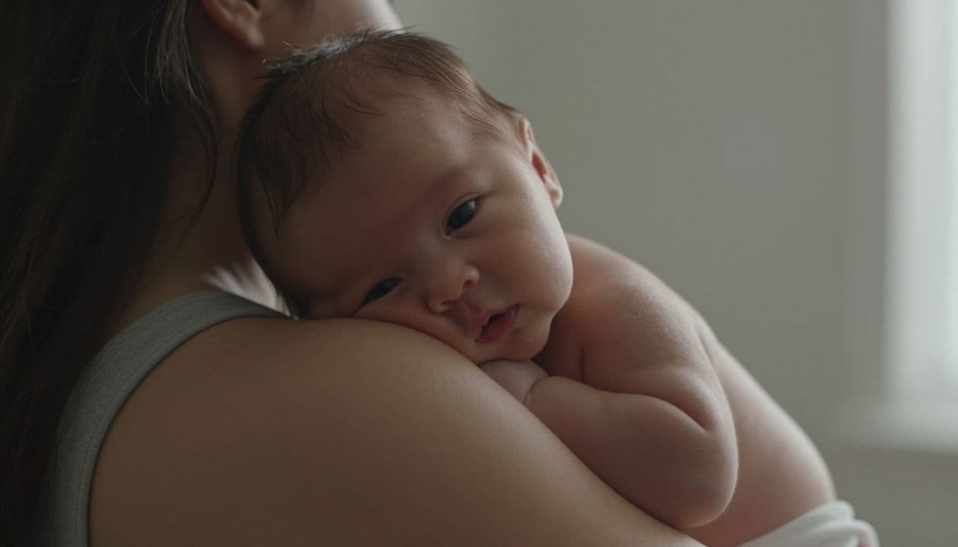 A close-up view shows a parent cradling their newborn baby upright against their chest. The infant rests its head gently on the parent's shoulder, bathed in soft, warm natural light.