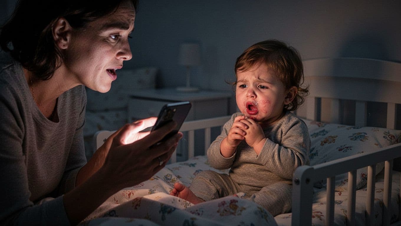 Concerned parent holds phone to ear while toddler sits up in bed coughing at night.