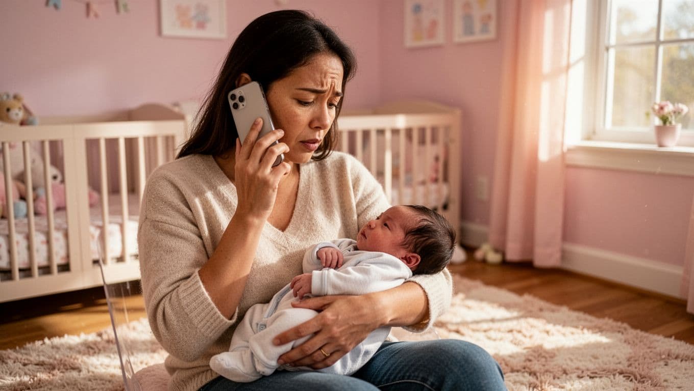 Concerned parent cradles newborn with mild breathing distress in cozy nursery while calling doctor on phone.