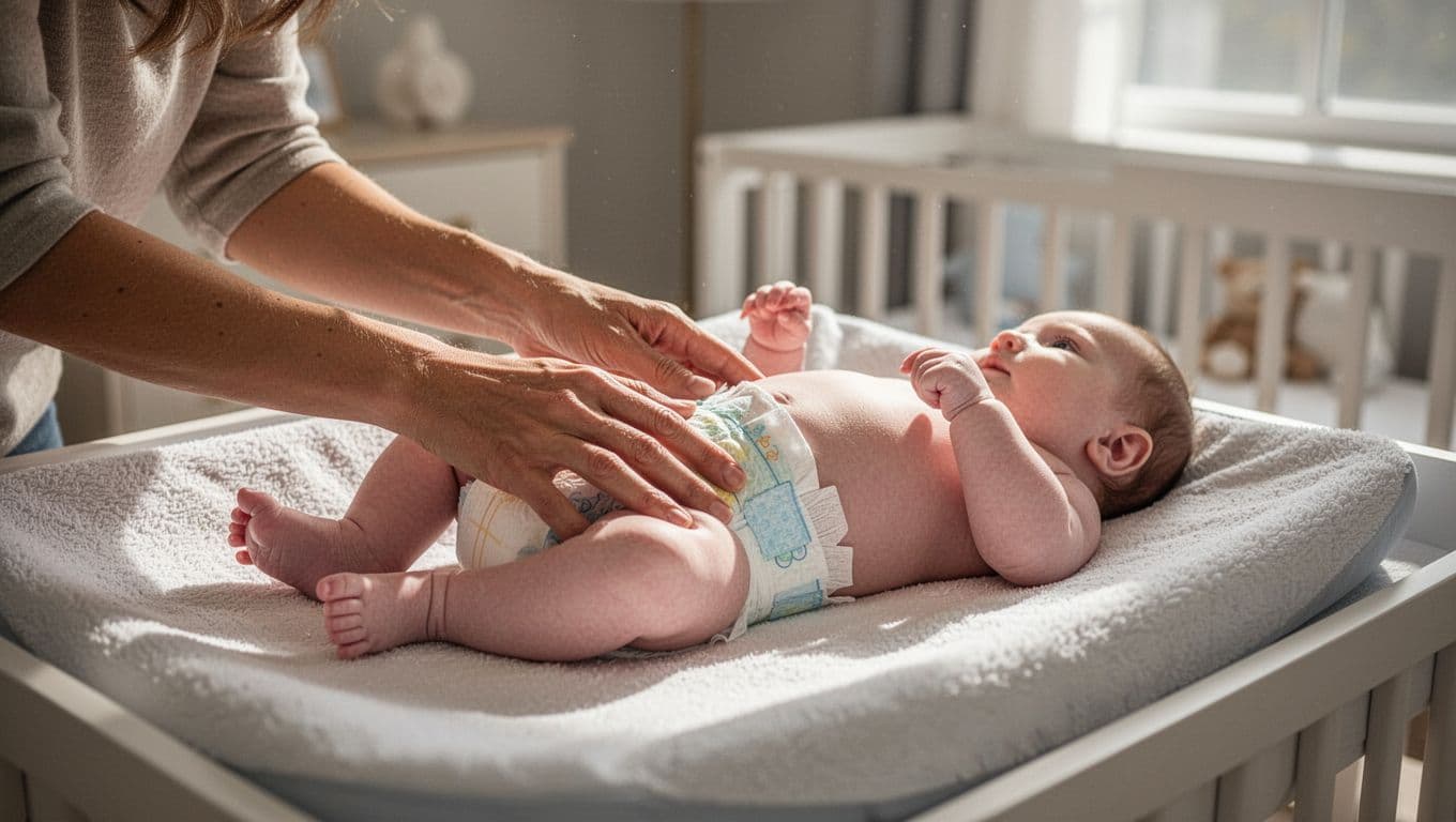 A parent gently changes a baby's diaper on a soft, padded surface in a cozy nursery.